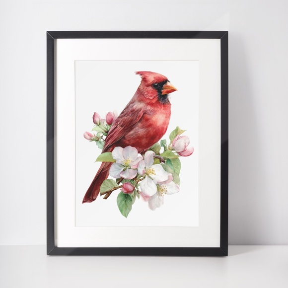 Watercolor Red Cardinal Bird with Flowers Wall Art Print Unframed - Picture 3 of 6